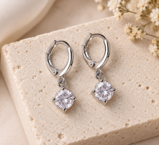 White AD Stone ear ring with Hinged Hoop Lock