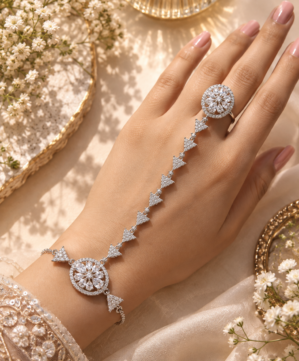 Floral Ring Bracelet Hathphool with Geometric Triangle Stone Chai