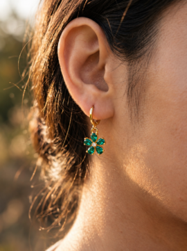 Emerald Green Floral Drop Earrings | Gold Tone Flower Earrings