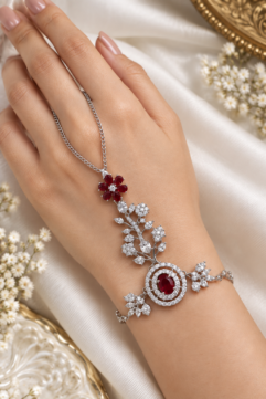 Ruby Floral Hand Chain Bracelet | CZ Finger Ring Bracelet