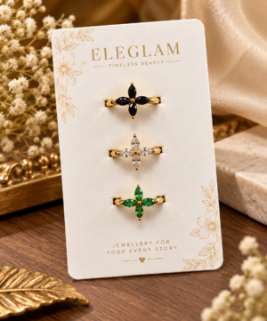 3-Piece Floral Ring Set | Black, White & Emerald Green Stone Rings for Women