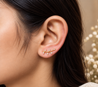 Small Gold-Plated Leafy Branch CZ Ear Cuff