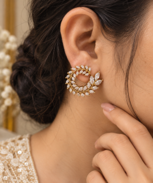 Gold-Plated Leafy Floral CZ Hoop Earrings