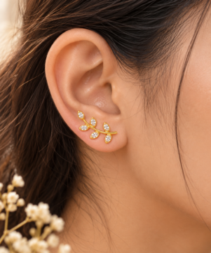Gold Leaf Vine Ear Cuff with Marquise Stone Detailing