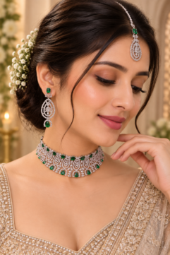 Bridal Emerald Green Kundan Choker Necklace Set with Earrings & Maang Tikka